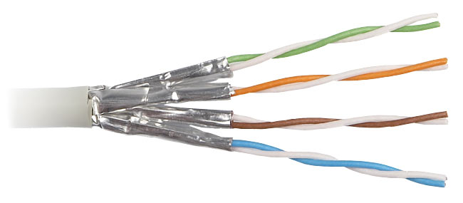 STP Ethernet cable with foil shielding around twisted pairs
