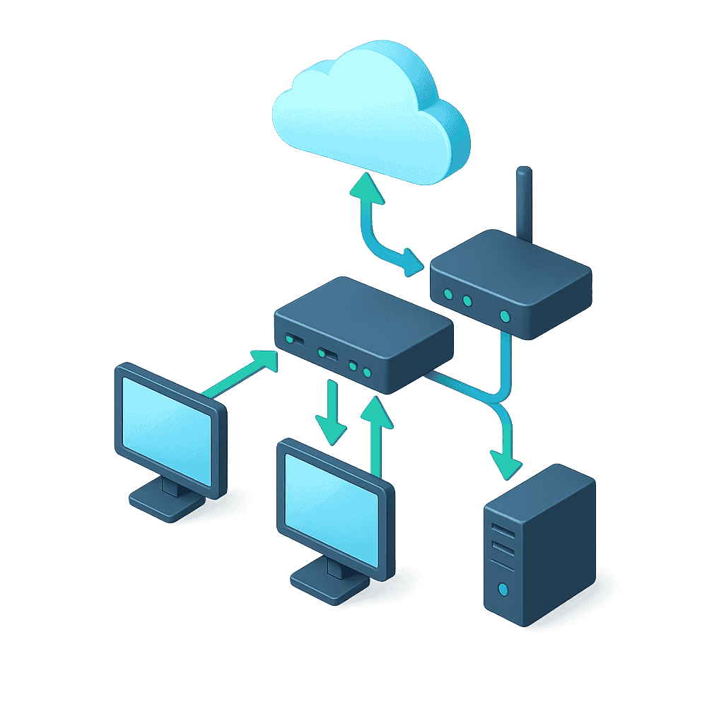 basic computer network topology showing computers connected to a switch and router linked to the internet cloud