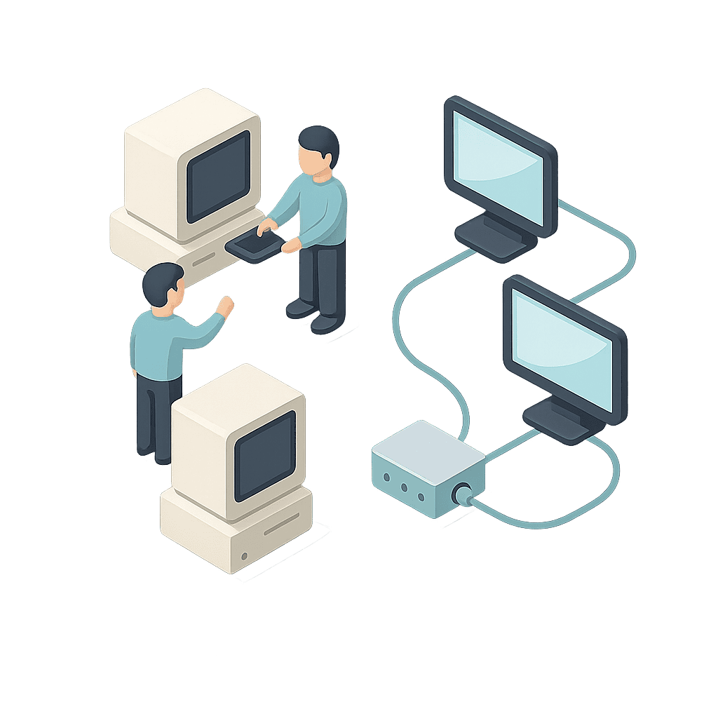 before and after computer networks showing transition from manual file transfer with floppy disks to connected computers through a switch