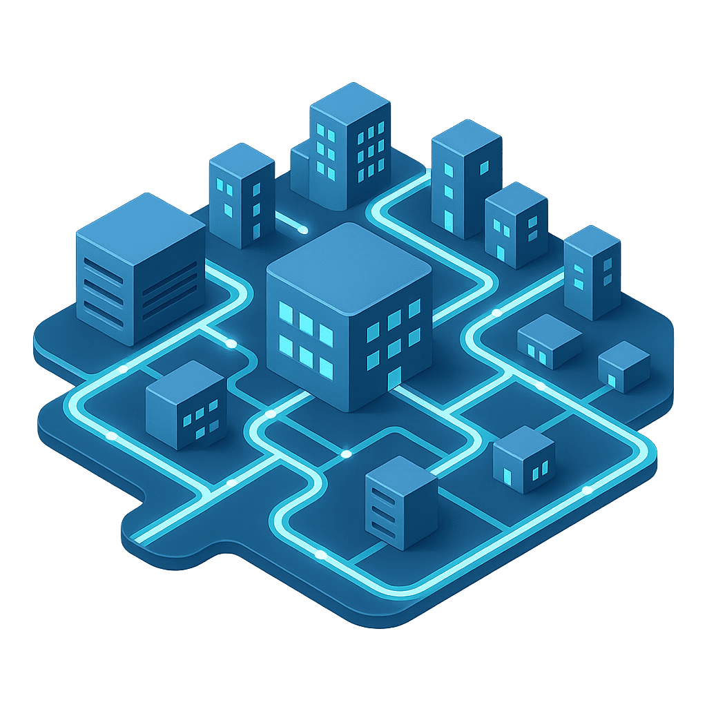 digital city network illustration with glowing roads as data links and intersections as switches and routers