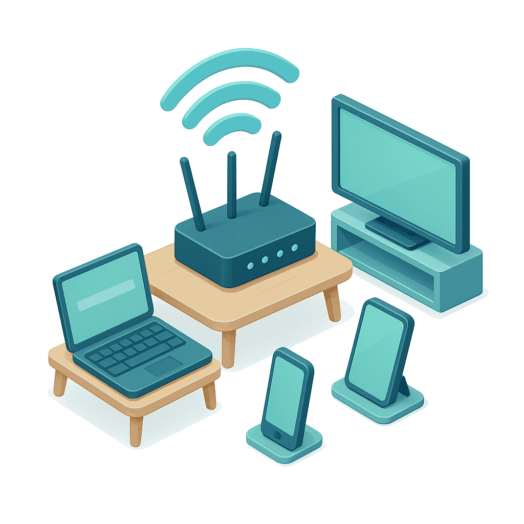 home network wifi router connecting phone laptop tv