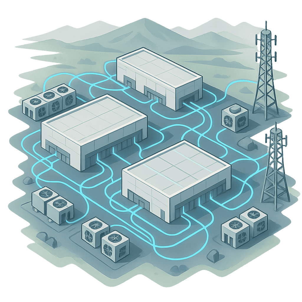 hyperscale data center network complex with interconnected buildings like google data center