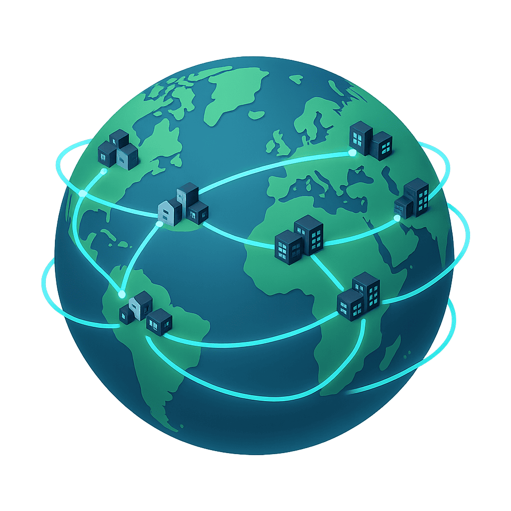 global internet network connecting continents and data centers worldwide