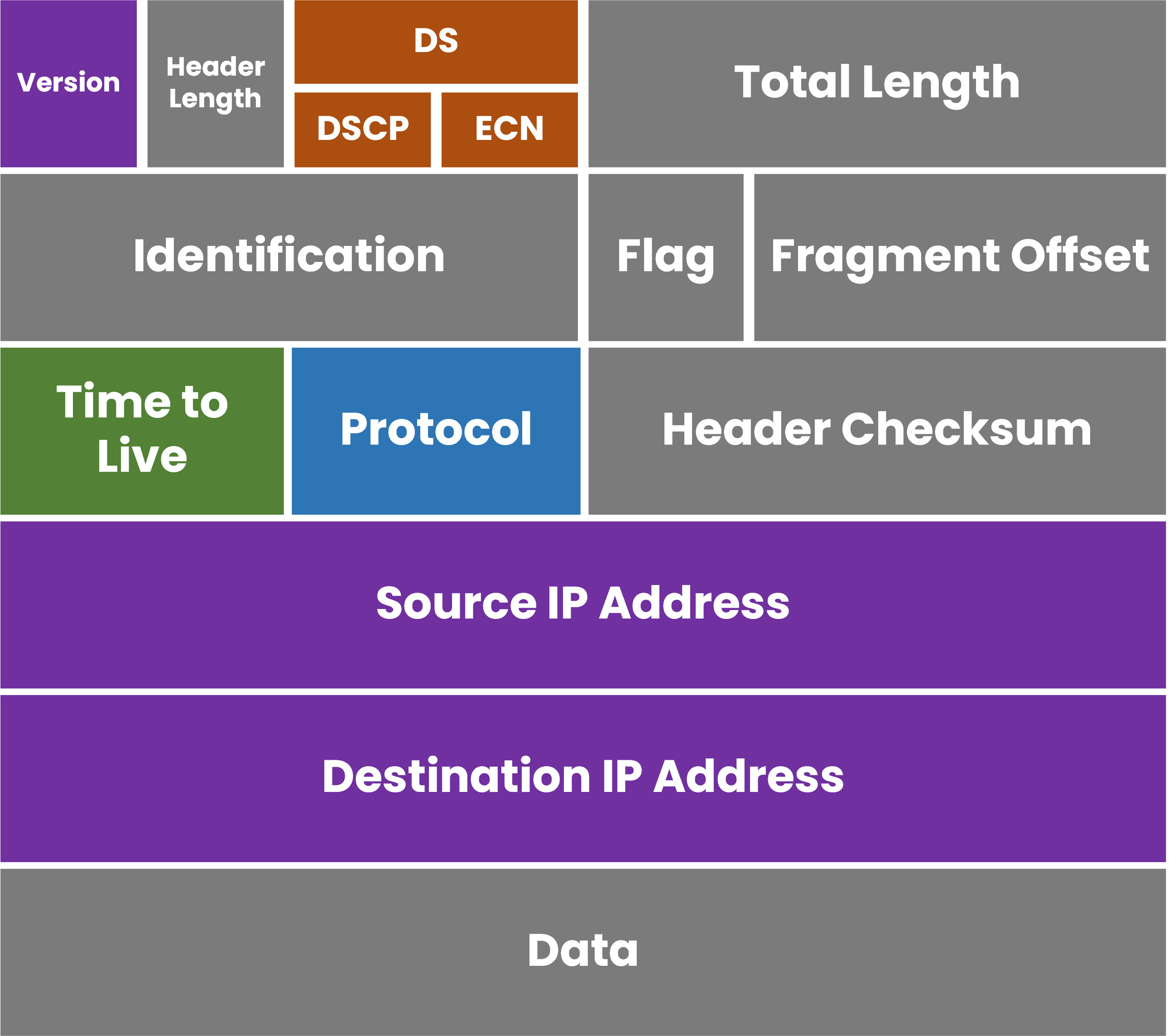 IPv4 packet header diagram showing each field including version, header length, DSCP, ECN, TTL, protocol, and source and destination IP addresses.