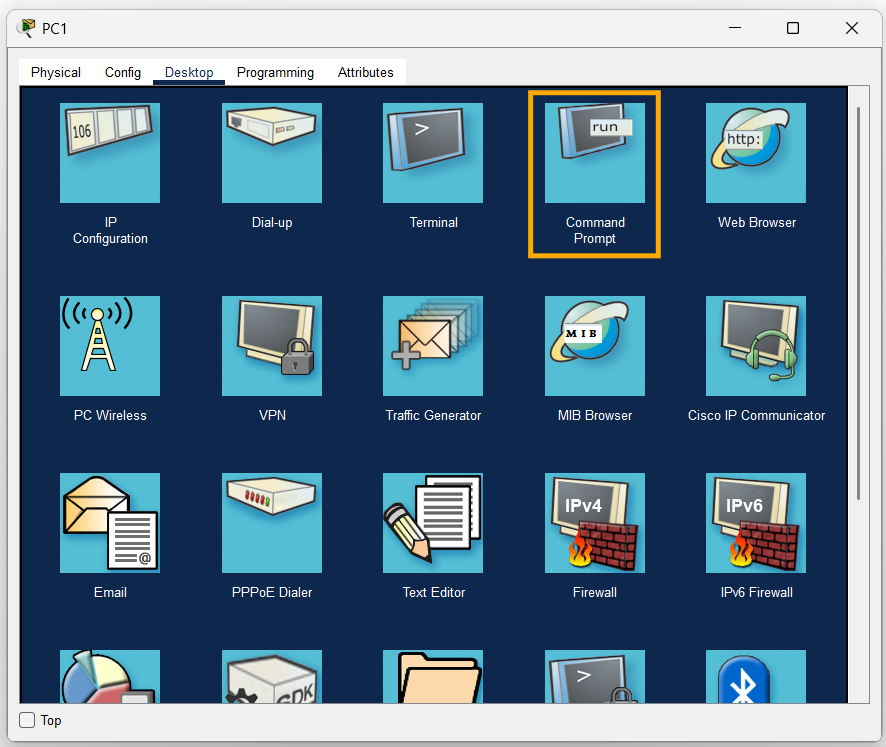 command prompt in packe tracer