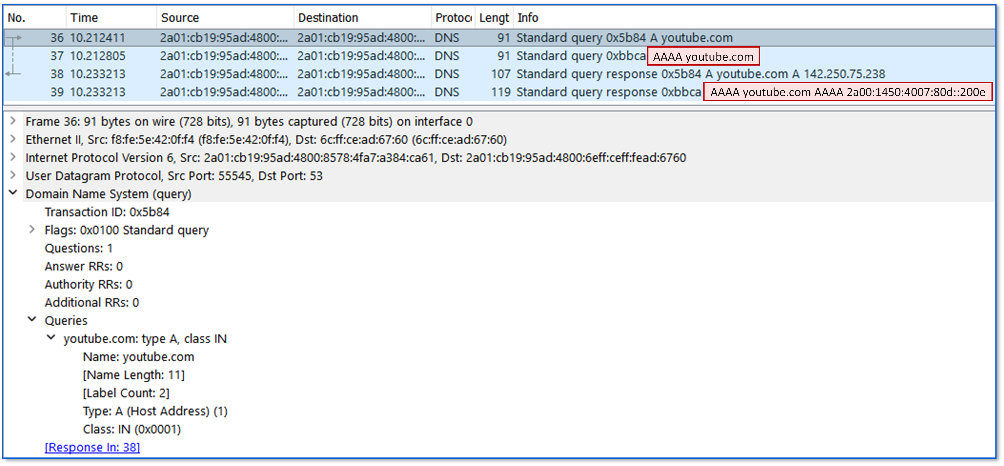 DNS AAAA record queries and responses in Wireshark