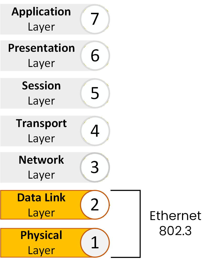 OSI model highlighting Ethernet operating at the Data Link layer