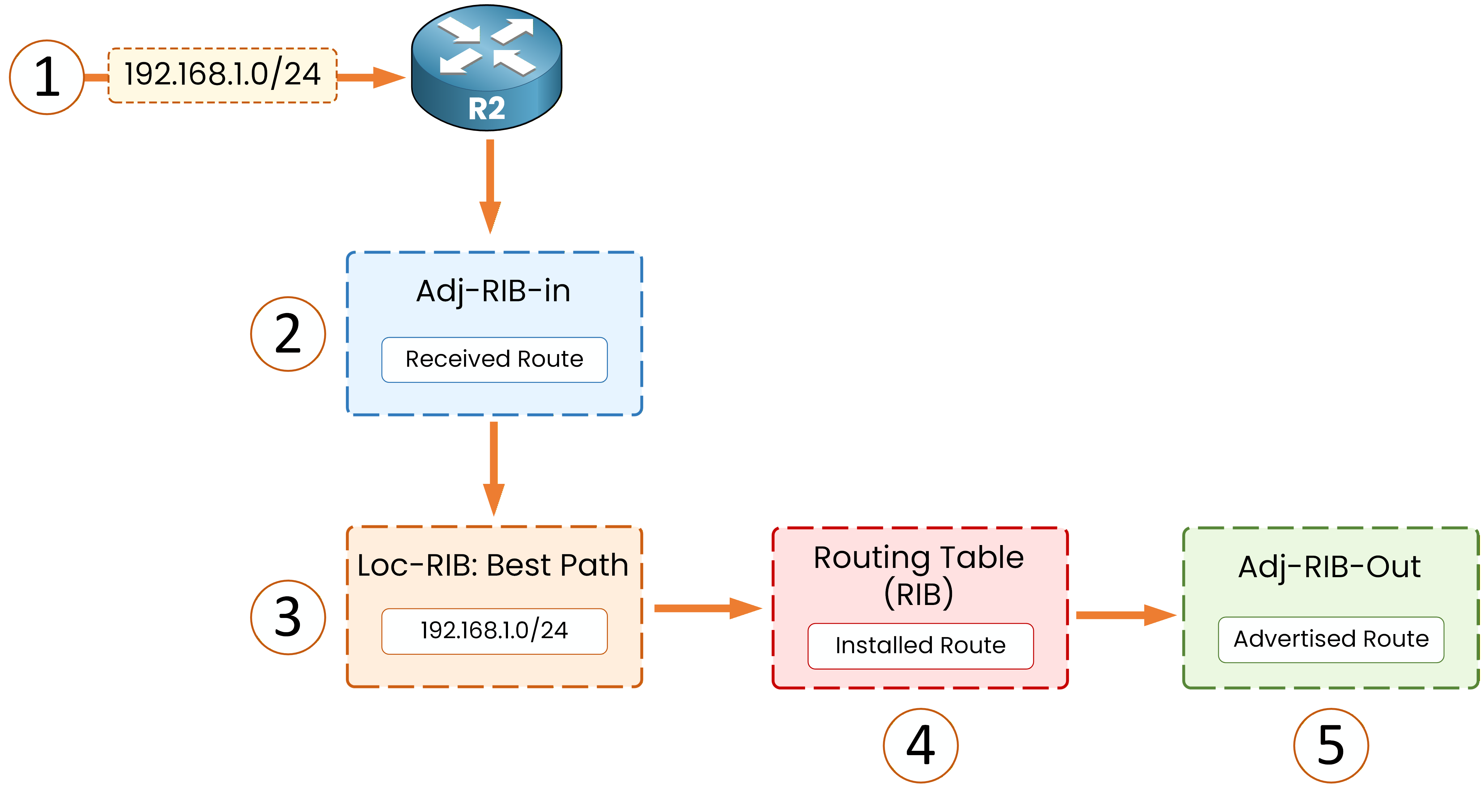 BGP route processing workflow showing Adj-RIB-In, Loc-RIB best path selection, Routing Table installation and Adj-RIB-Out advertisement
