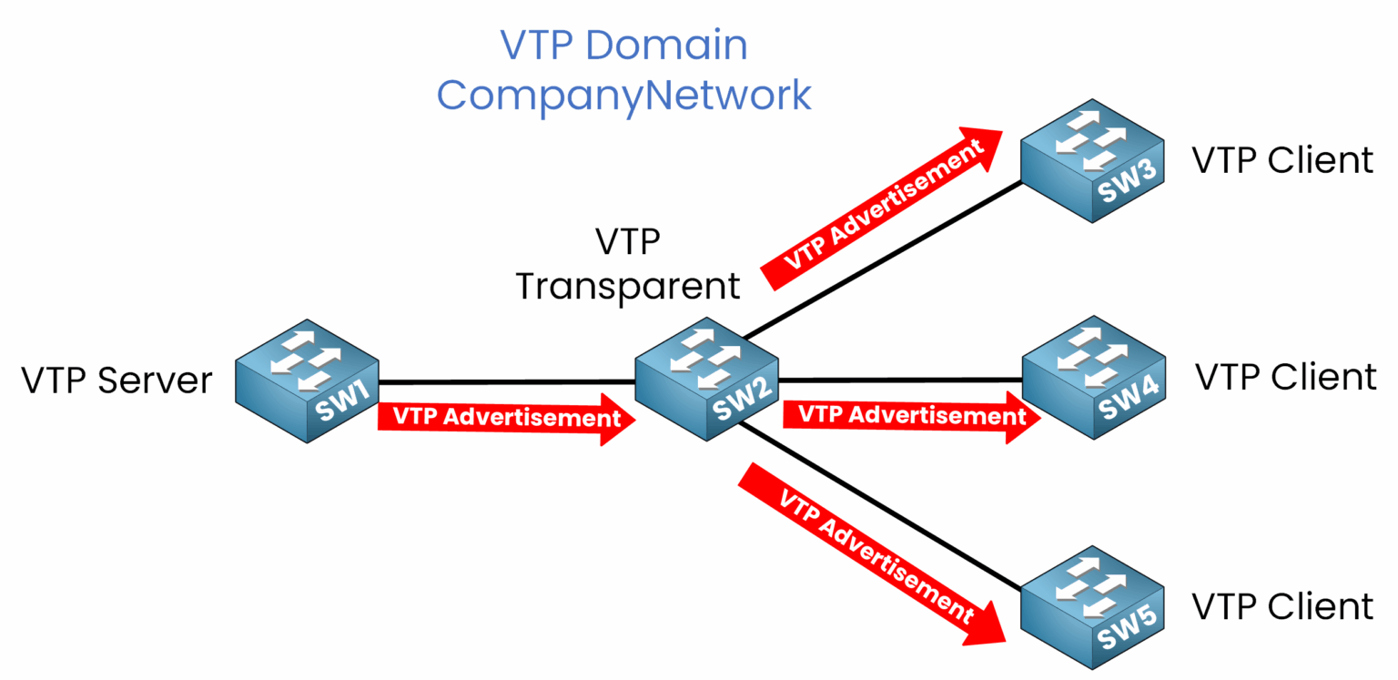 VLAN Trunking Protocol configuration showing SW1 as VTP Server, SW2 in Transparent mode, and SW3 to SW5 as Clients in the CompanyNetwork VTP domain.