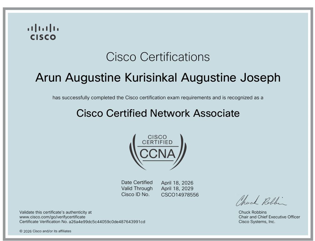 Arun Joseph obtained his CCNA by using PingMyNetwork.