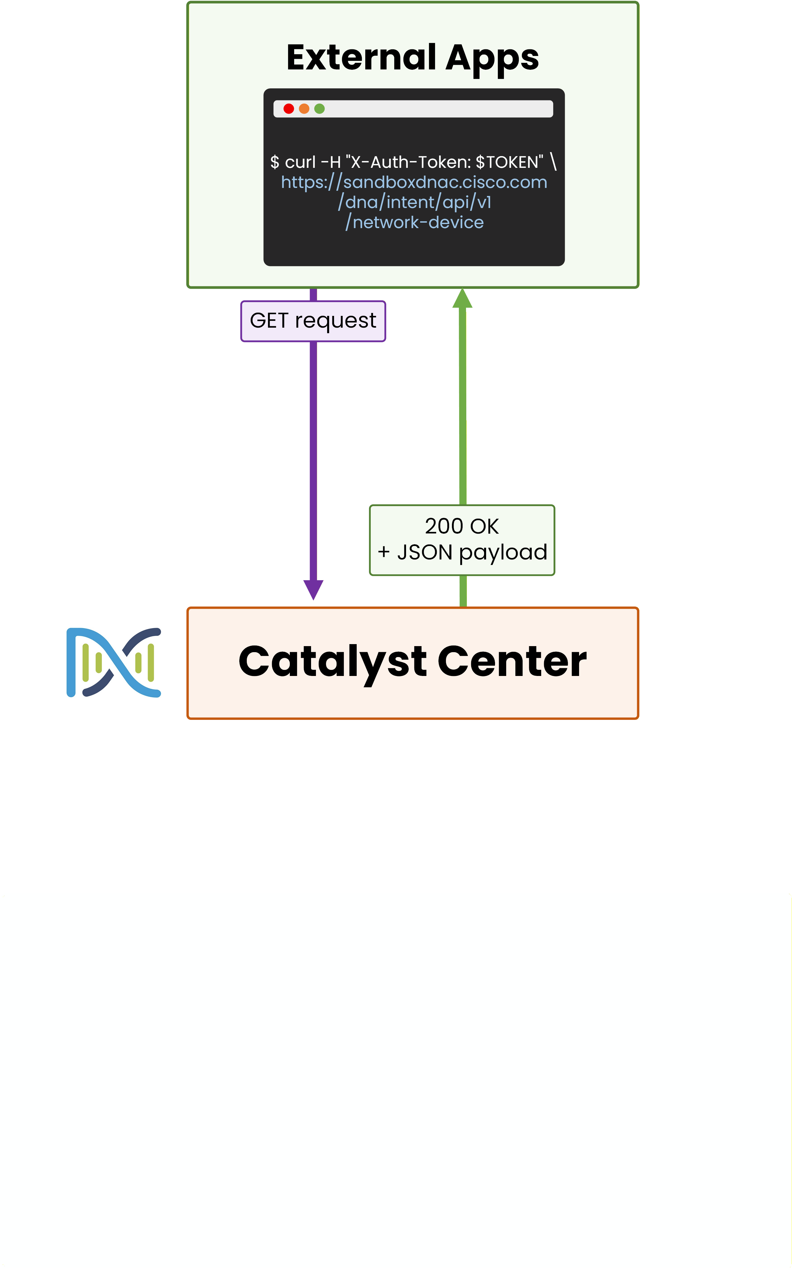 Terminal sends a curl GET request to Catalyst Center, receives JSON in response
