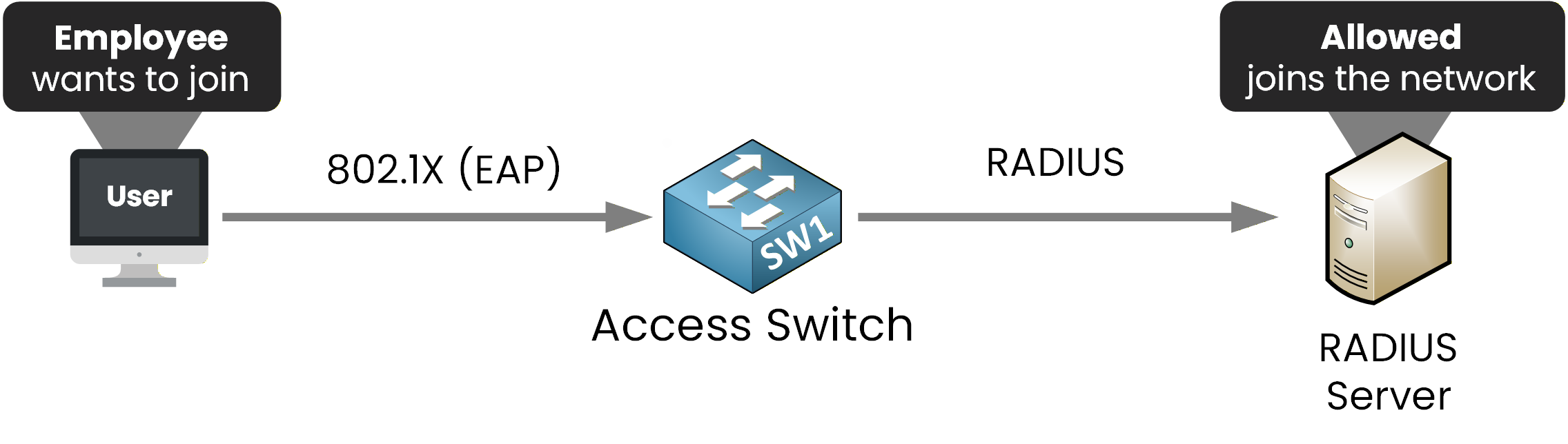 Employee joining the network through 802.1X on a Cisco access switch authenticated by a RADIUS server