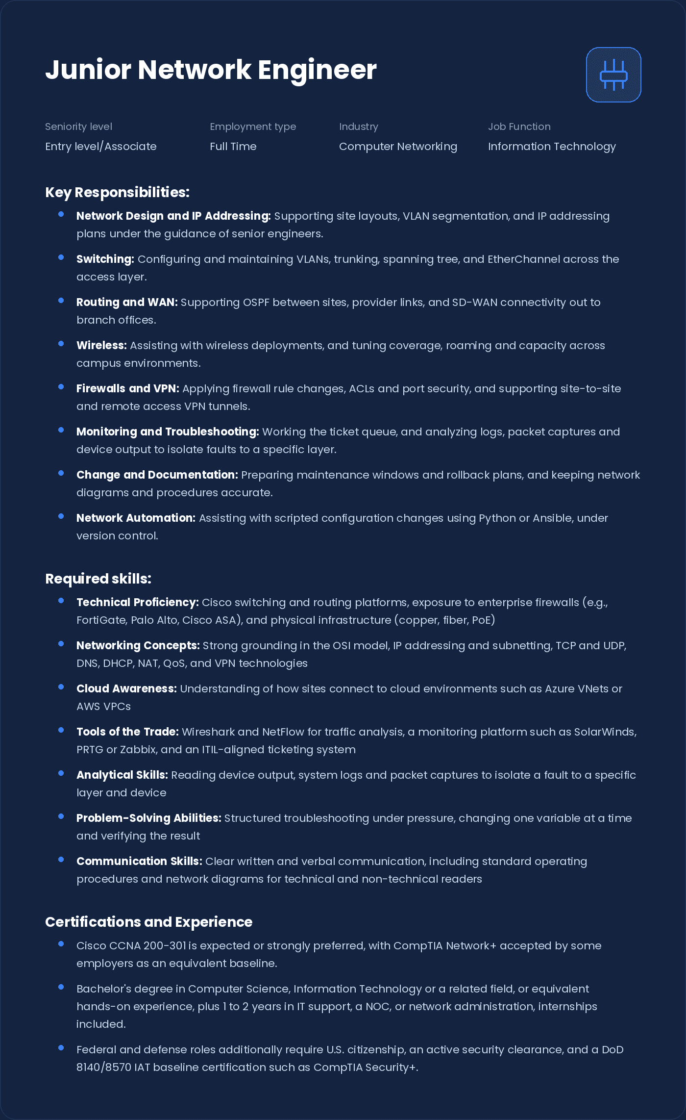 junior network engineer job ad