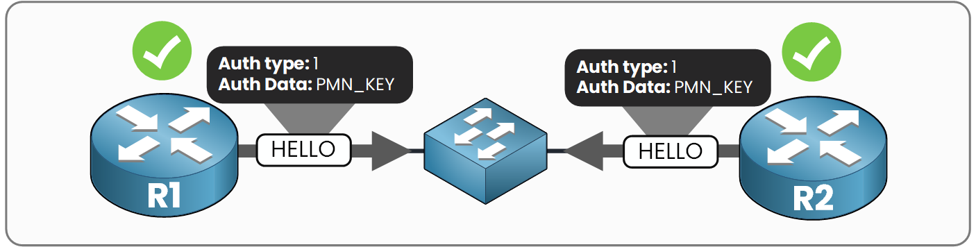 R1 and R2 both configured with Auth type 1 and the key PMN_KEY, matching on both sides of the link
