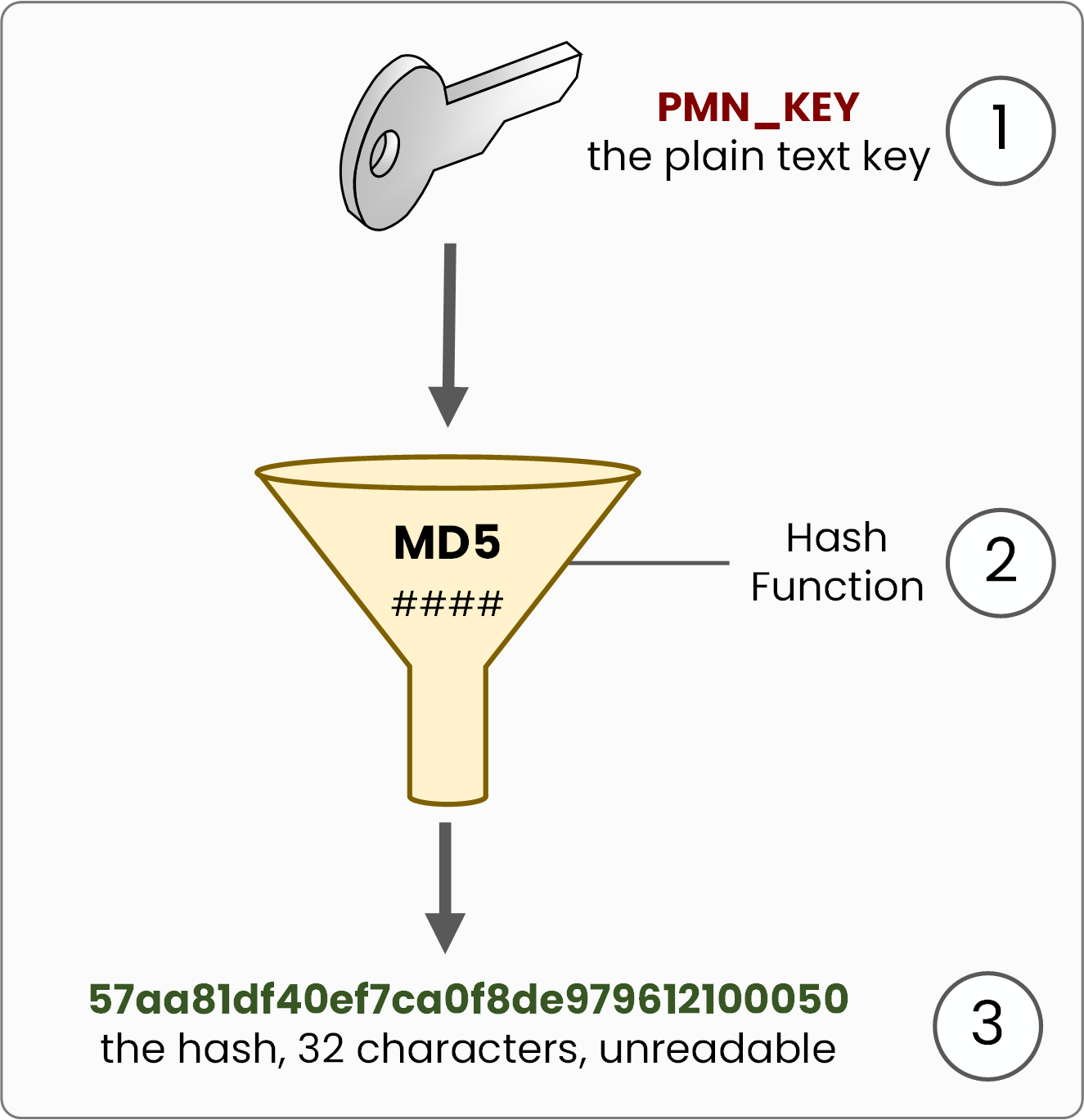 The OSPF key PMN_KEY going through an MD5 hash function and coming out as an unreadable 32-character hash