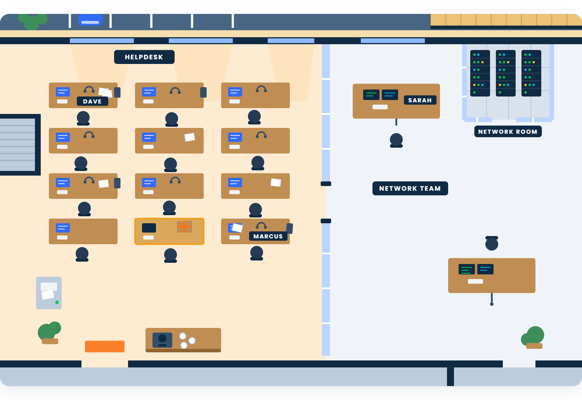 Top-down floor plan of the Halverton IT floor, with the crowded helpdesk area and its rows of desks on one side including Dave's and Marcus's desks, a glass wall in the middle, and the spacious network team area on the other side with Sarah's desk and a small glass-walled network room containing server racks