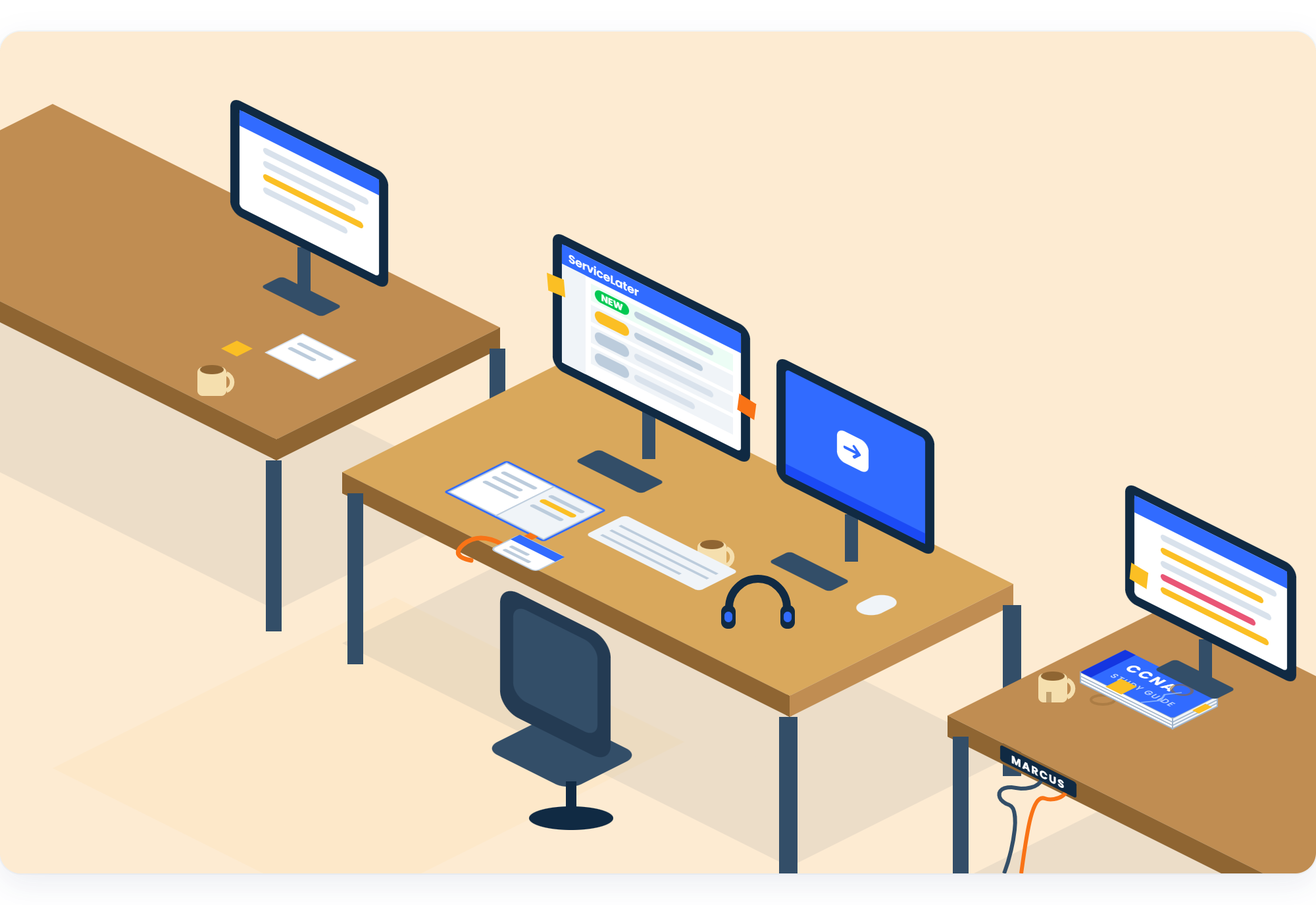 Isometric view of your helpdesk desk two months later, now lived-in with sticky notes, a coffee mug, your own CCNA study book open next to the keyboard and the ServiceLater queue on screen, next to Marcus's unchanged desk with his cracked CCNA book