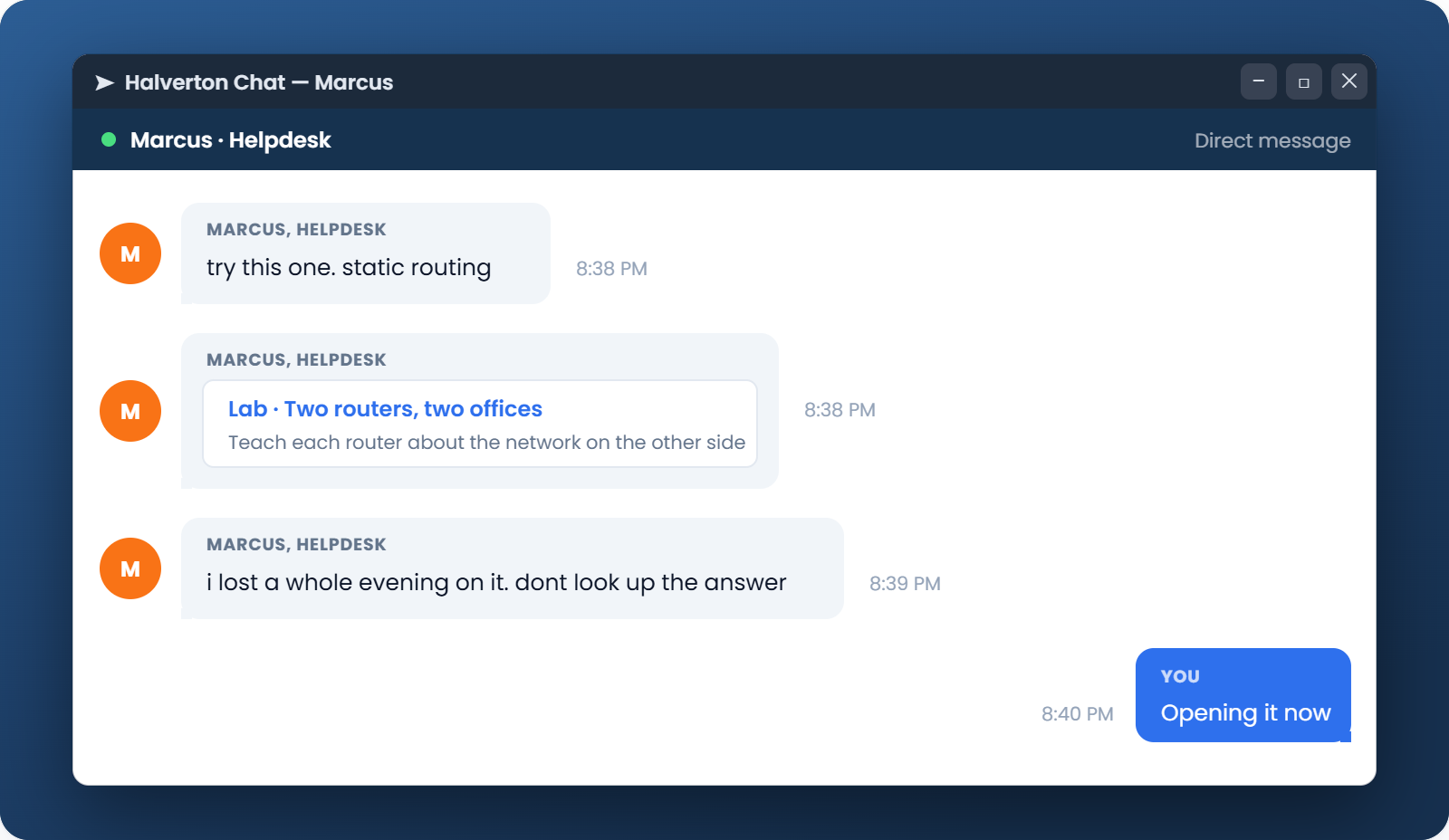 The chat where Marcus sends you the static routing lab to run at home, with two routers and two offices to connect