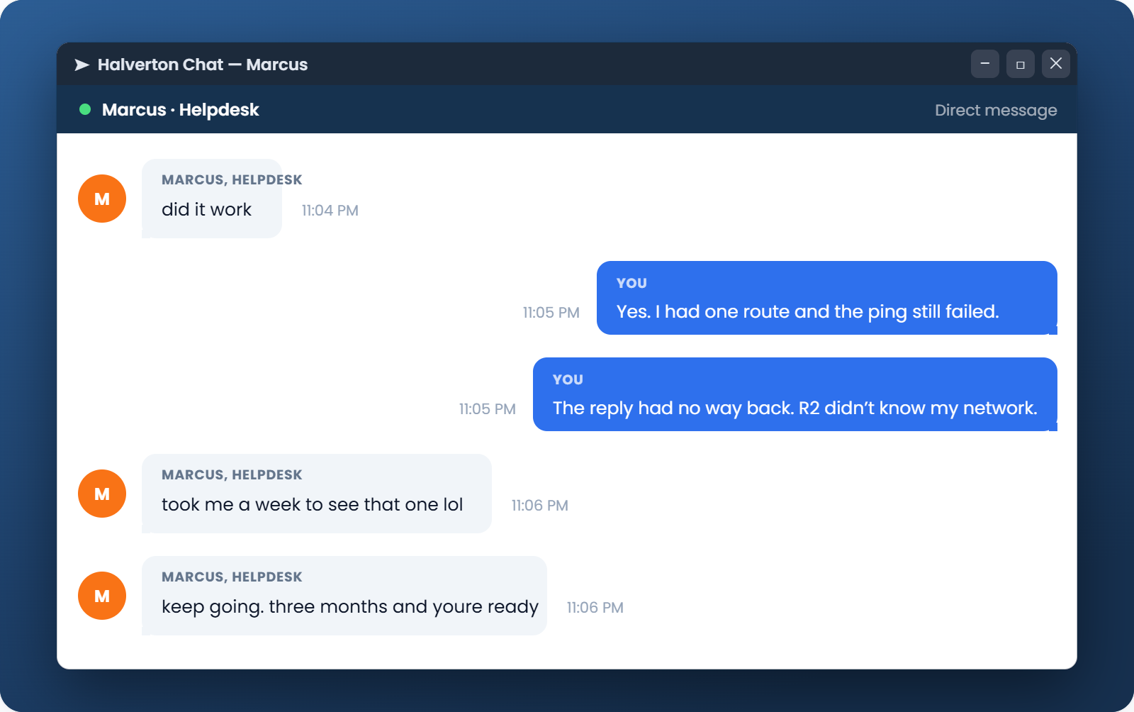 The chat two minutes after you close the laptop, where Marcus reacts to your first completed lab and your first day of streak