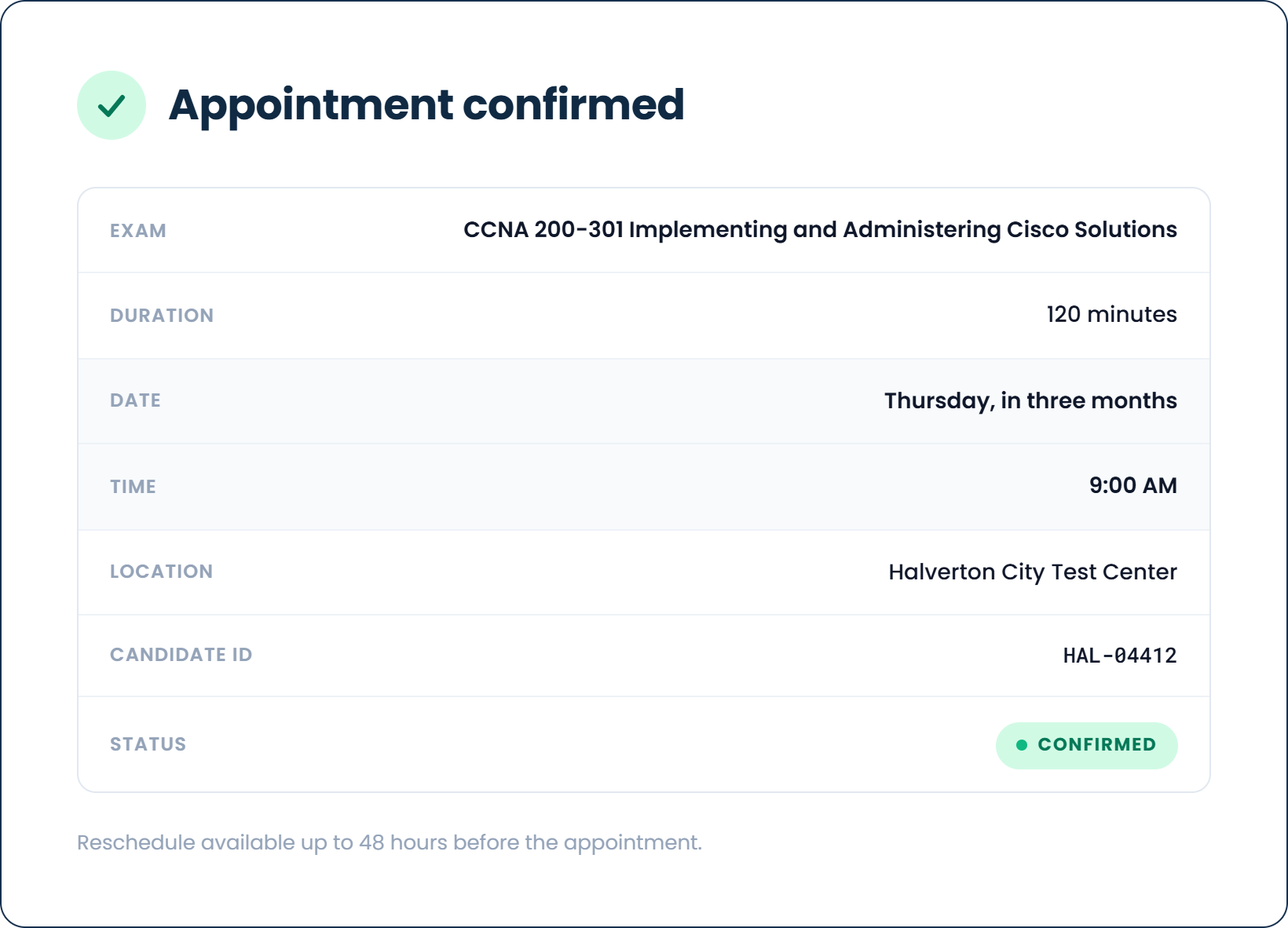 The exam appointment confirmation for the CCNA 200-301 at 9:00 AM at the Halverton City Test Center, showing the 120 minute duration and the check-in rules