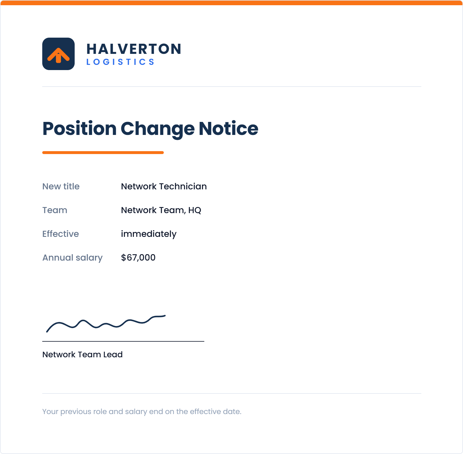Official Halverton Logistics position change letter naming the new title Network Technician, a $67,000 annual salary, effective immediately, lying on a desk