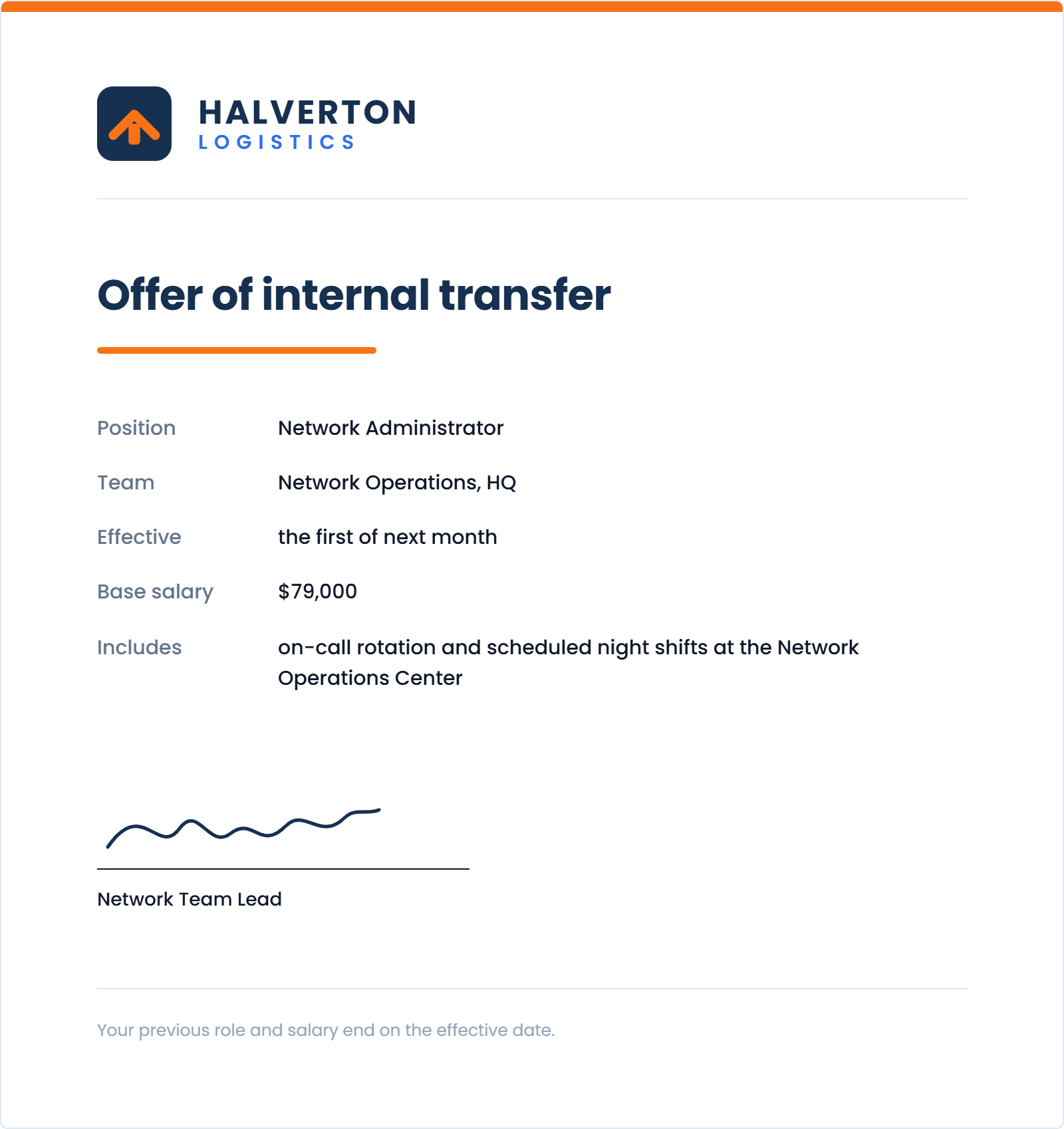 The Halverton position change letter naming the new title Network Administrator, a $79,000 annual salary, and the month it takes effect