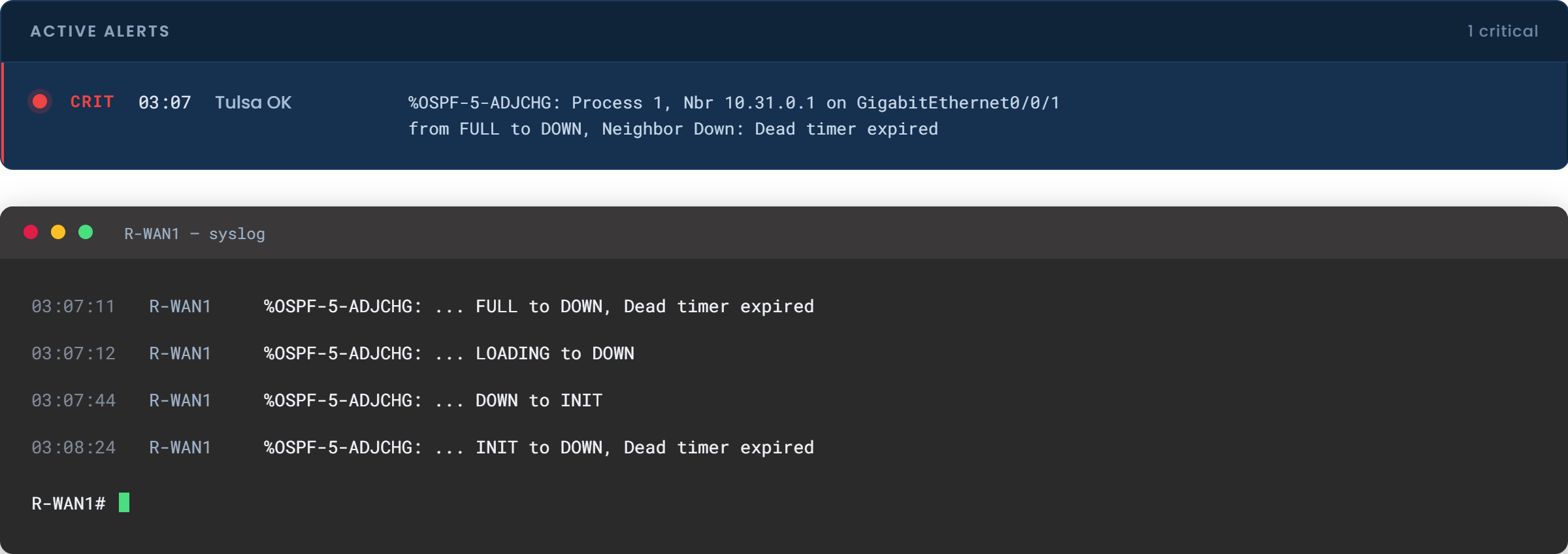 The NOC dashboard at 3:07 AM with the Tulsa site turned red, next to the syslog line reporting the OSPF neighbor going from FULL to DOWN on a dead timer expiry