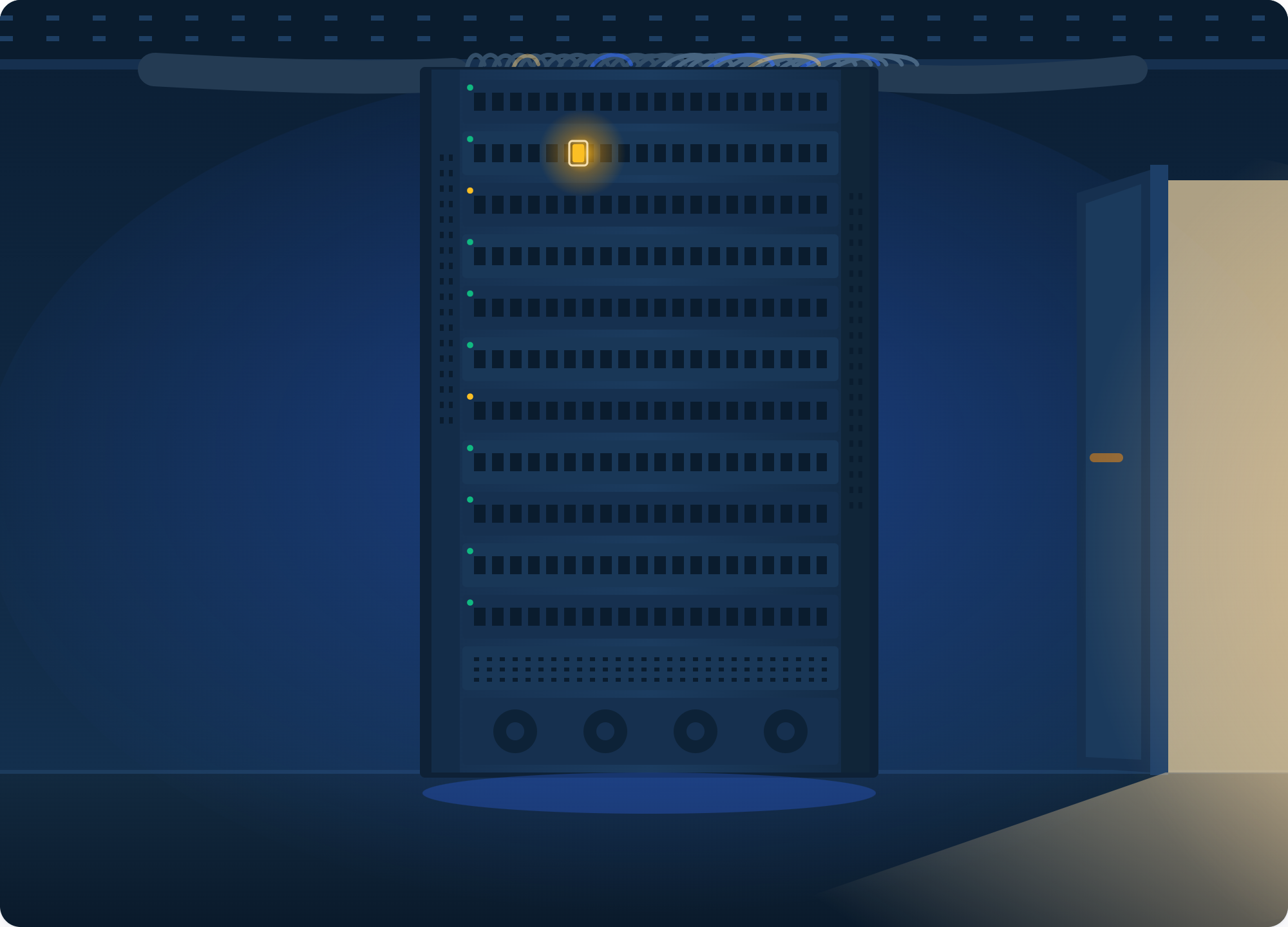 First look inside the Halverton server room from the doorway, one rack running floor to ceiling, cold blue light, thick bundles of patch cables entering the back of the rack and rows of small green link lights