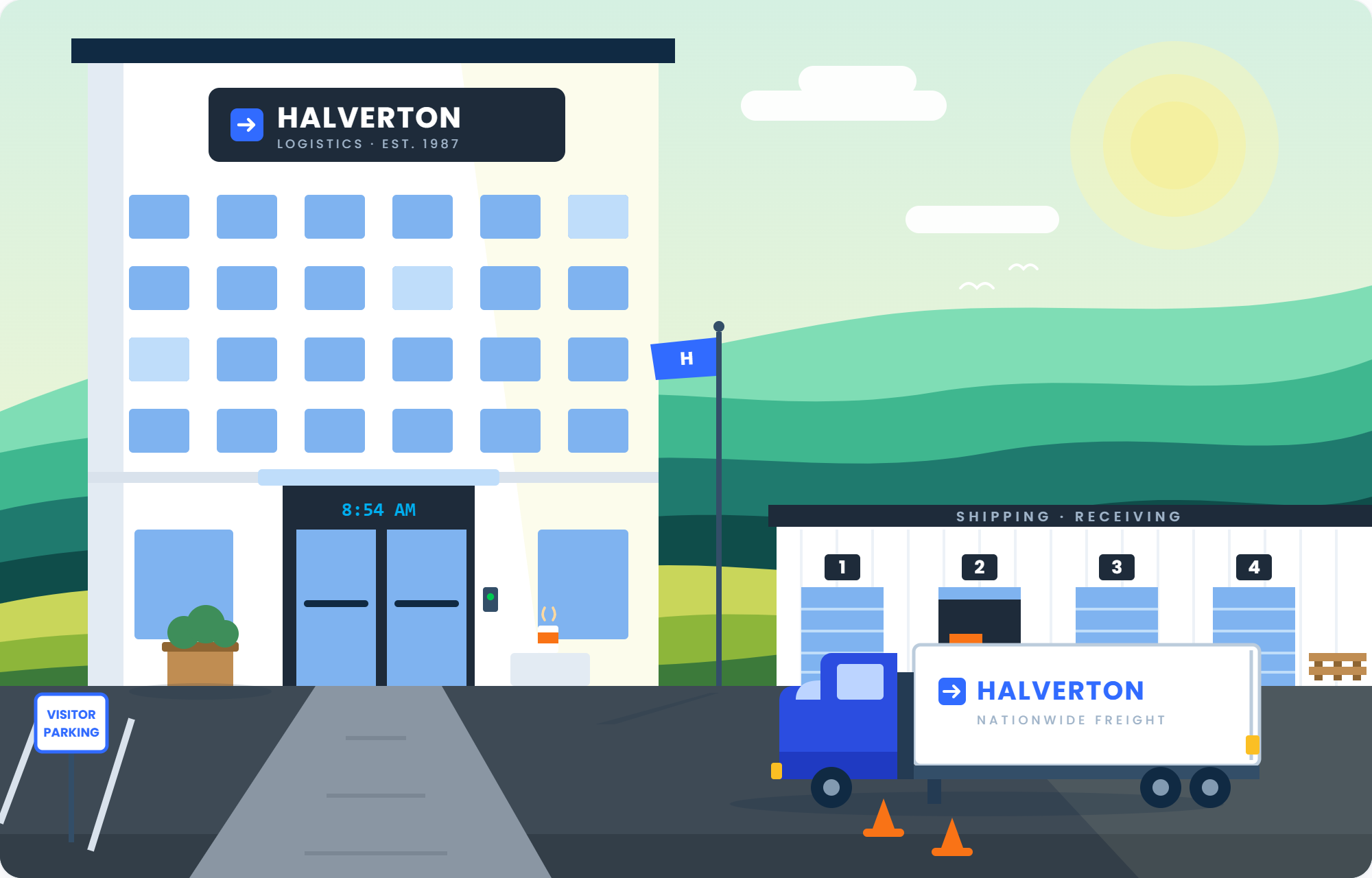 Halverton Logistics headquarters on a sunny morning, seen at street level from the visitor parking, with the main entrance and its badge reader, an 8:54 AM clock above the doors, and the shipping and receiving warehouse on the right with numbered dock doors and a Halverton freight truck at the docks