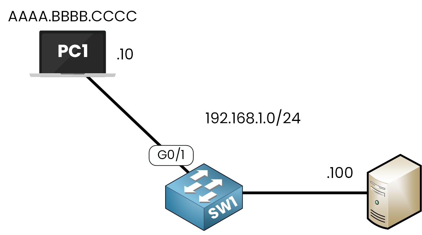 Port security lab topology: PC1 on SW1 interface g0/1, the server on g0/0